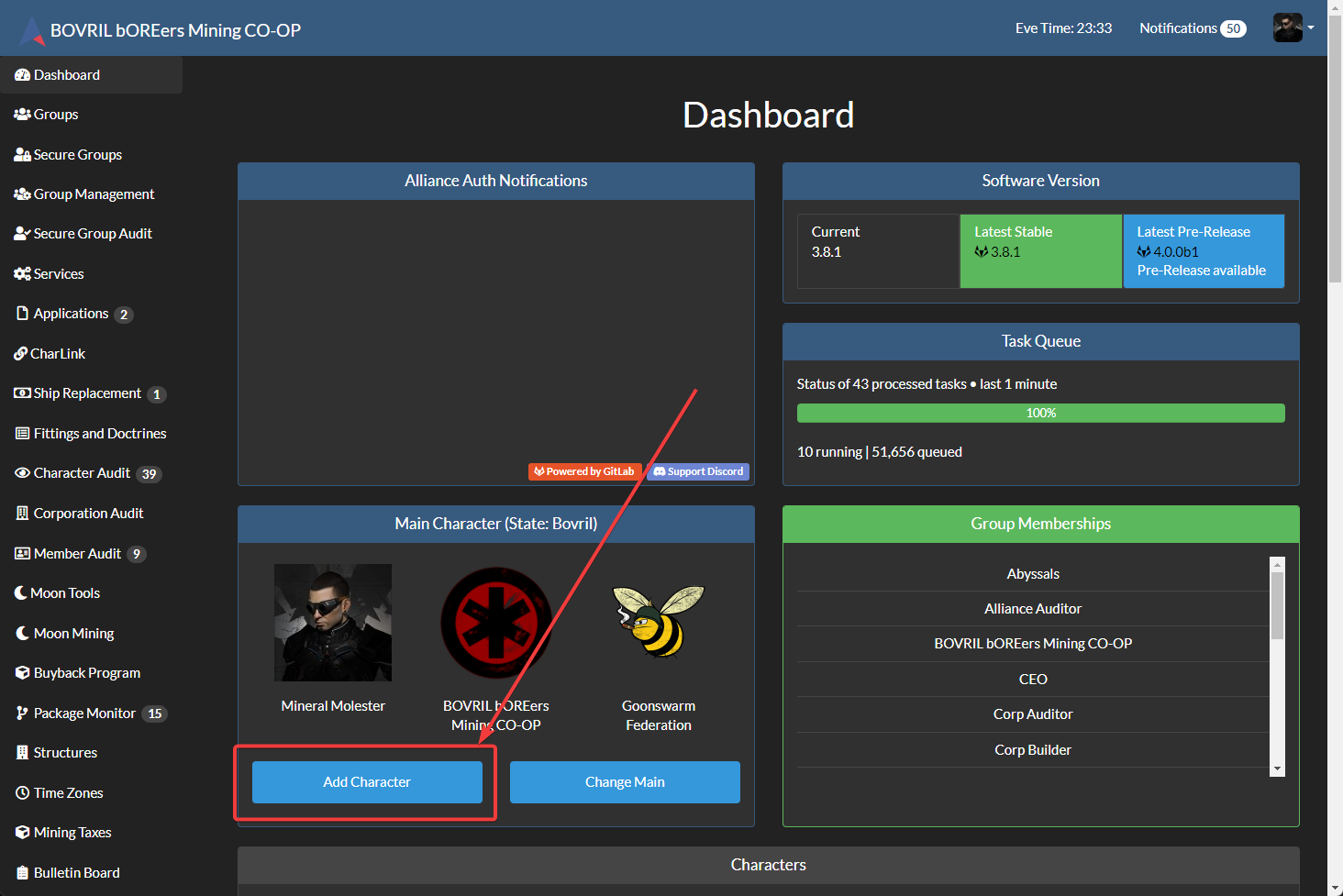 Dashboard with Add Character button (example)