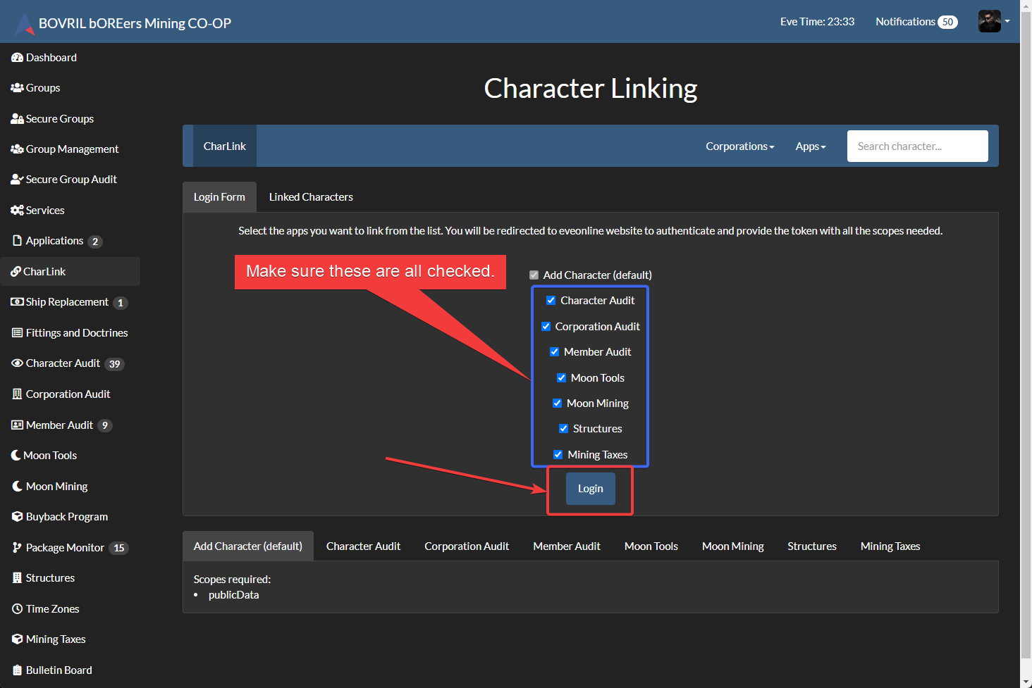Character linking screen with scope checkboxes (example)