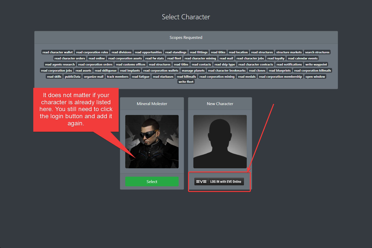 Select character screen with New Character portrait (example)