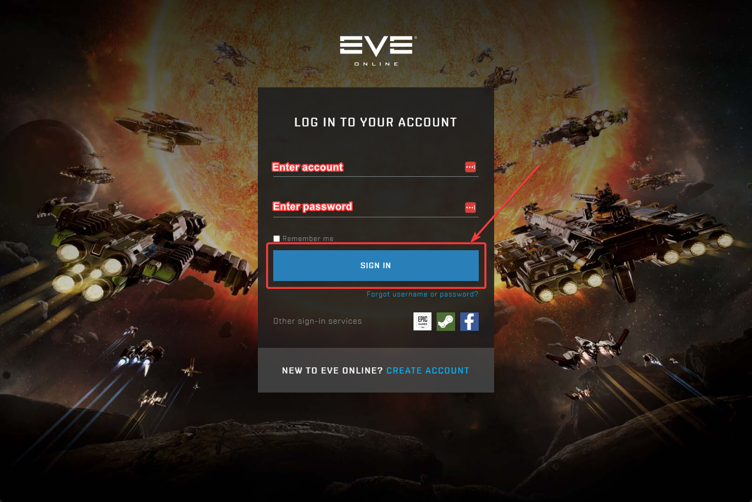EVE account login screen (example)