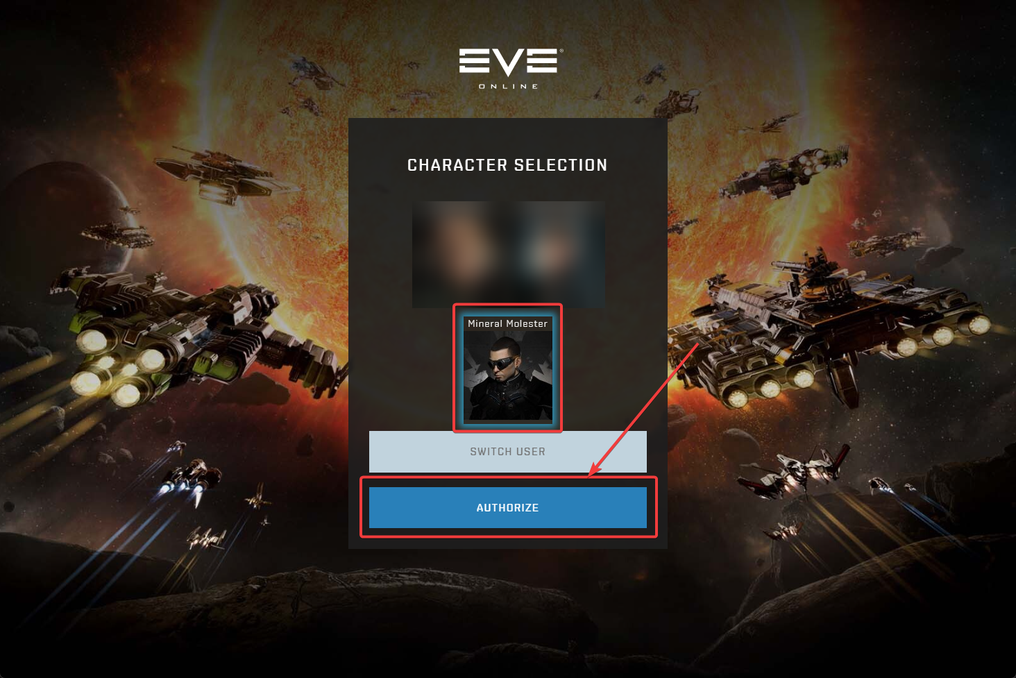 Character selection screen with Authorize button (example)