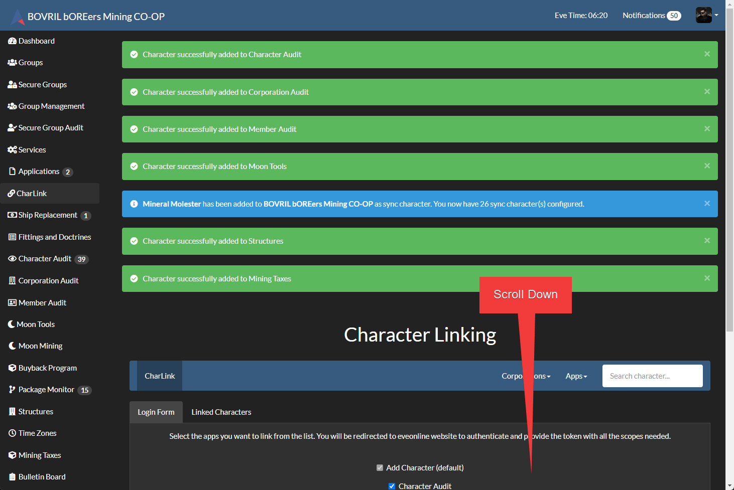 Character linking screen with success messages (example)