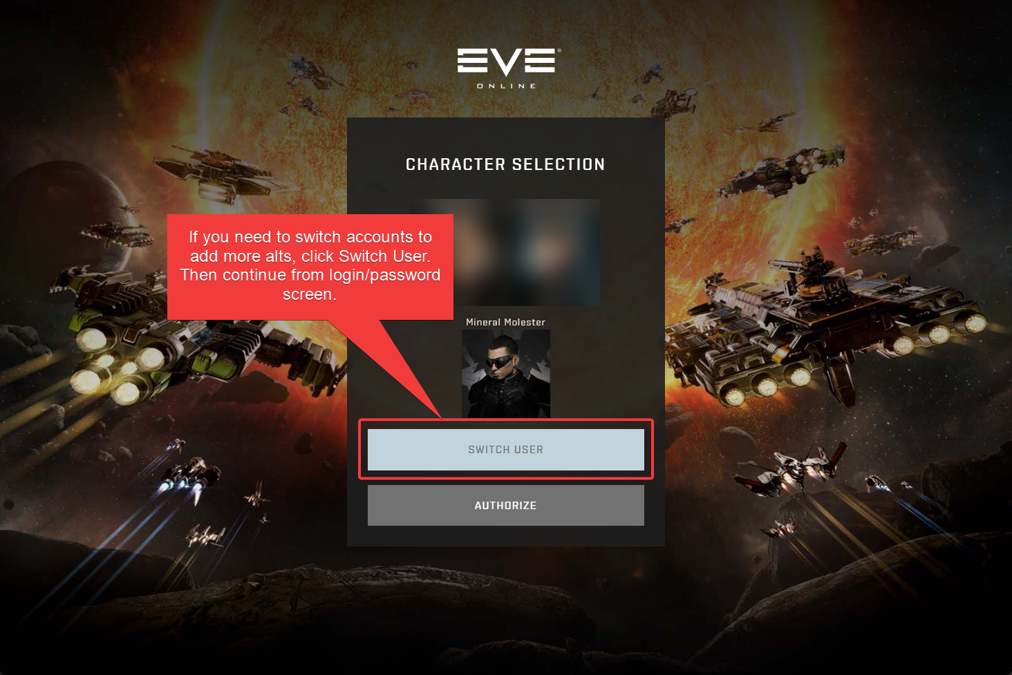 Switch user button on character selection screen (example)